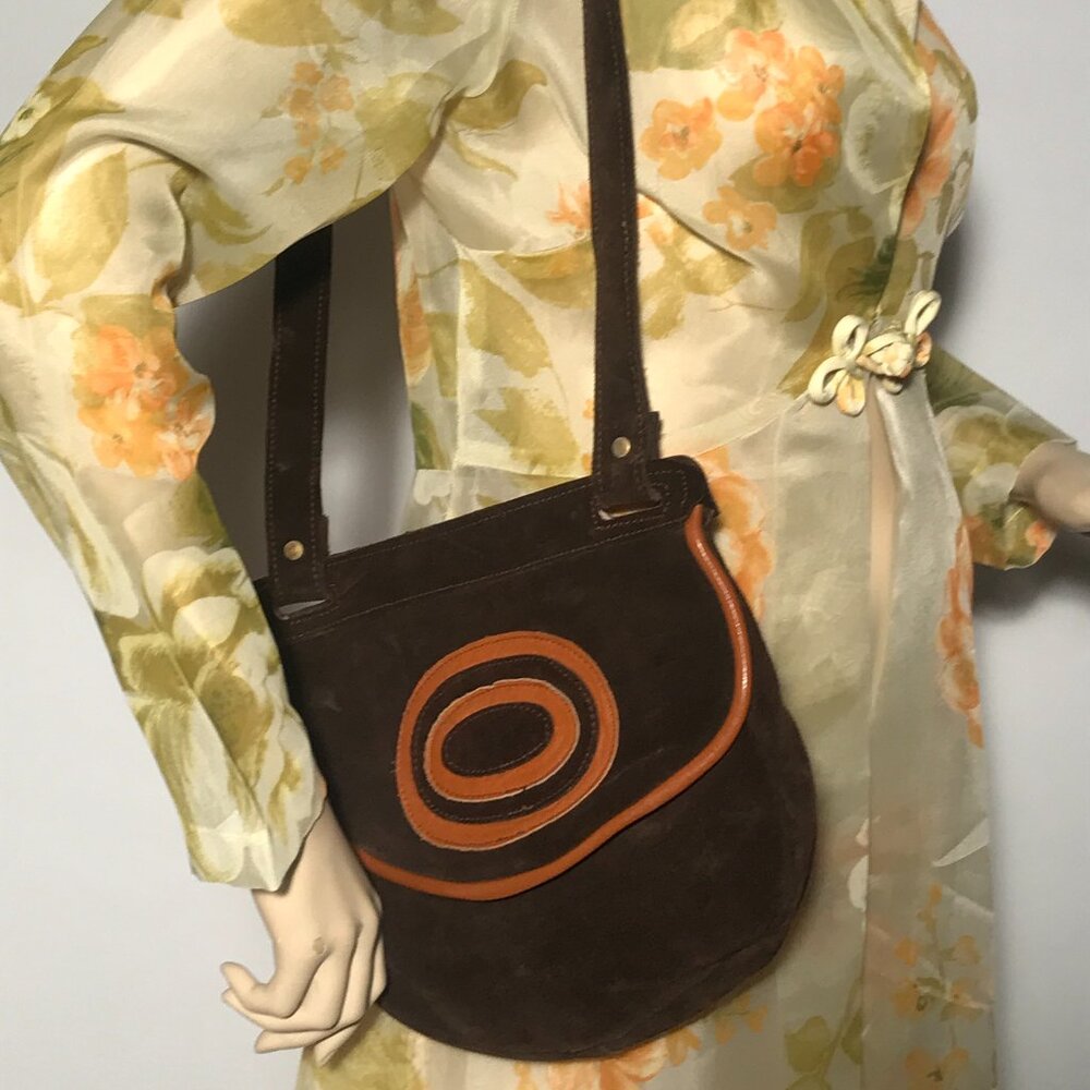 1970s Soft Brown Suede Leather Trim Shoulder Hobo Handbag